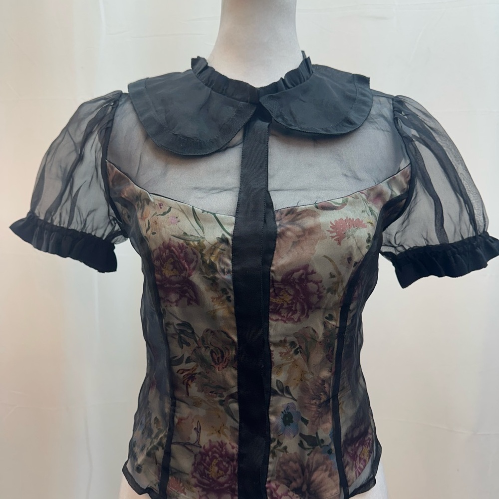 Maeve Sheer Black Mesh Blouse with Floral Bodice